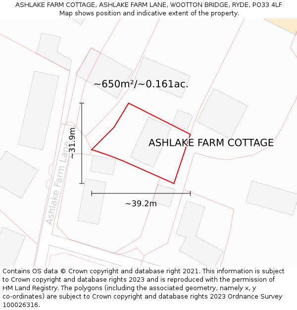 ASHLAKE FARM COTTAGE, ASHLAKE FARM LANE, WOOTTON BRIDGE, RYDE, PO33 4LF: Plot and title map