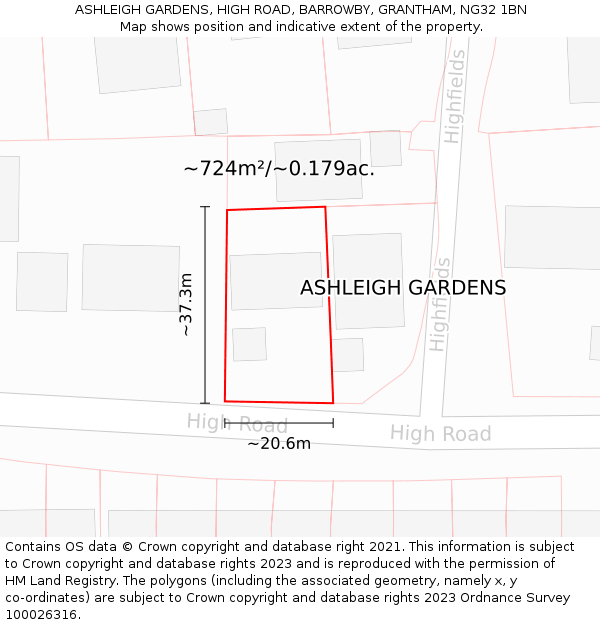 ASHLEIGH GARDENS, HIGH ROAD, BARROWBY, GRANTHAM, NG32 1BN: Plot and title map