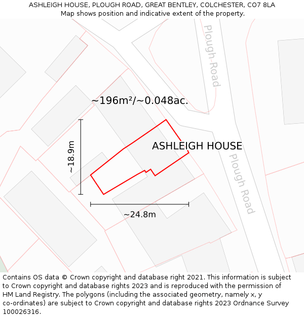 ASHLEIGH HOUSE, PLOUGH ROAD, GREAT BENTLEY, COLCHESTER, CO7 8LA: Plot and title map