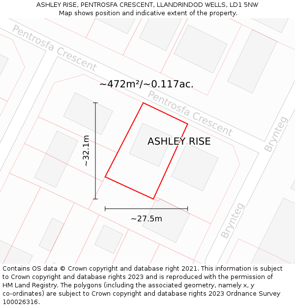 ASHLEY RISE, PENTROSFA CRESCENT, LLANDRINDOD WELLS, LD1 5NW: Plot and title map