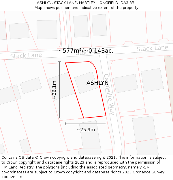 ASHLYN, STACK LANE, HARTLEY, LONGFIELD, DA3 8BL: Plot and title map