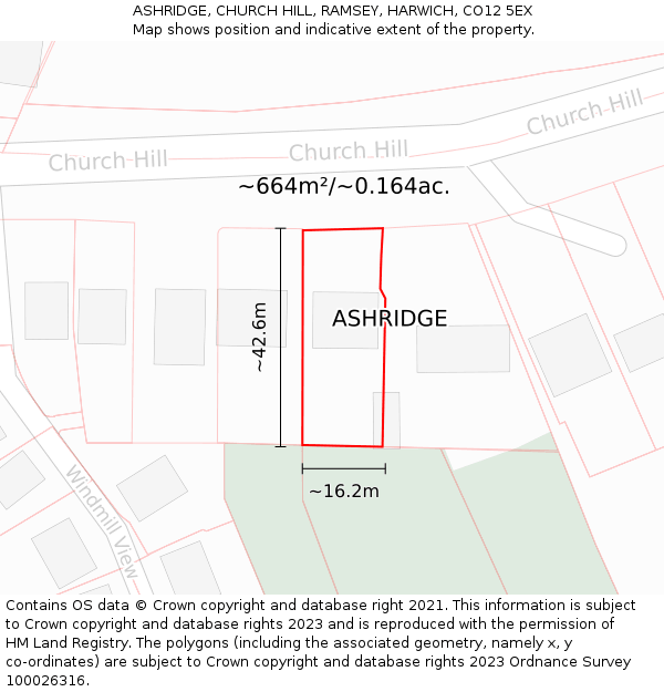 ASHRIDGE, CHURCH HILL, RAMSEY, HARWICH, CO12 5EX: Plot and title map