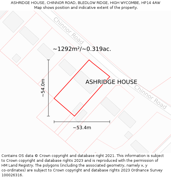 ASHRIDGE HOUSE, CHINNOR ROAD, BLEDLOW RIDGE, HIGH WYCOMBE, HP14 4AW: Plot and title map