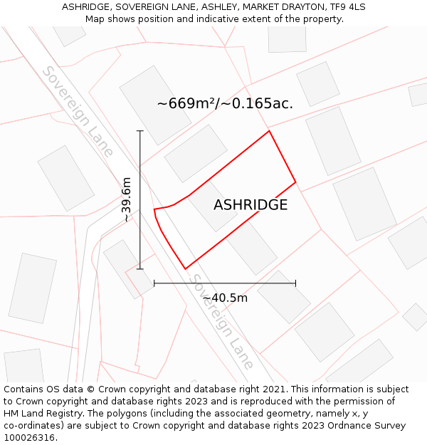 ASHRIDGE, SOVEREIGN LANE, ASHLEY, MARKET DRAYTON, TF9 4LS: Plot and title map