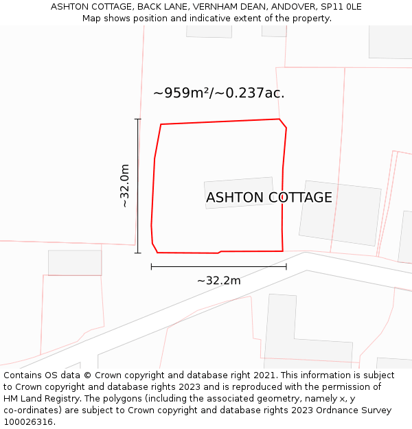 ASHTON COTTAGE, BACK LANE, VERNHAM DEAN, ANDOVER, SP11 0LE: Plot and title map