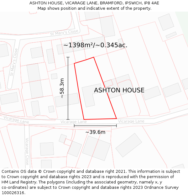 ASHTON HOUSE, VICARAGE LANE, BRAMFORD, IPSWICH, IP8 4AE: Plot and title map