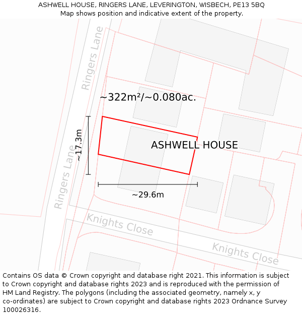ASHWELL HOUSE, RINGERS LANE, LEVERINGTON, WISBECH, PE13 5BQ: Plot and title map