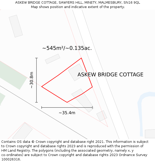 ASKEW BRIDGE COTTAGE, SAWYERS HILL, MINETY, MALMESBURY, SN16 9QL: Plot and title map