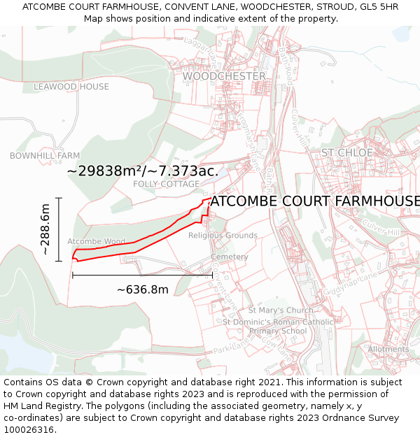 ATCOMBE COURT FARMHOUSE, CONVENT LANE, WOODCHESTER, STROUD, GL5 5HR: Plot and title map