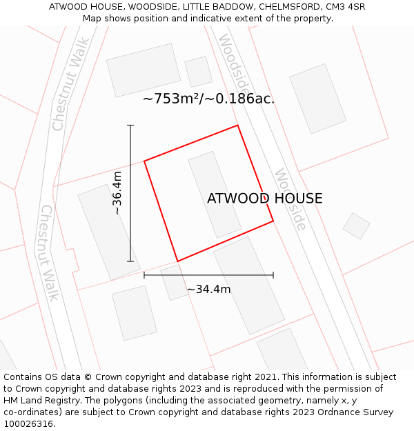 ATWOOD HOUSE, WOODSIDE, LITTLE BADDOW, CHELMSFORD, CM3 4SR: Plot and title map