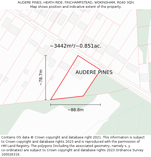 AUDERE PINES, HEATH RIDE, FINCHAMPSTEAD, WOKINGHAM, RG40 3QN: Plot and title map