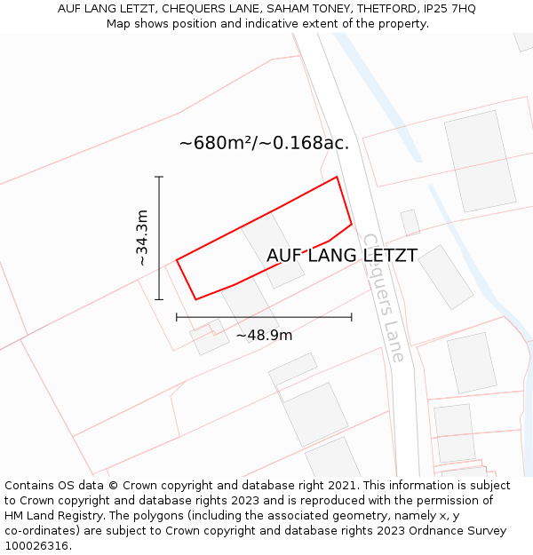 AUF LANG LETZT, CHEQUERS LANE, SAHAM TONEY, THETFORD, IP25 7HQ: Plot and title map