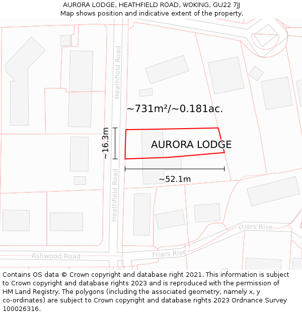 AURORA LODGE, HEATHFIELD ROAD, WOKING, GU22 7JJ: Plot and title map