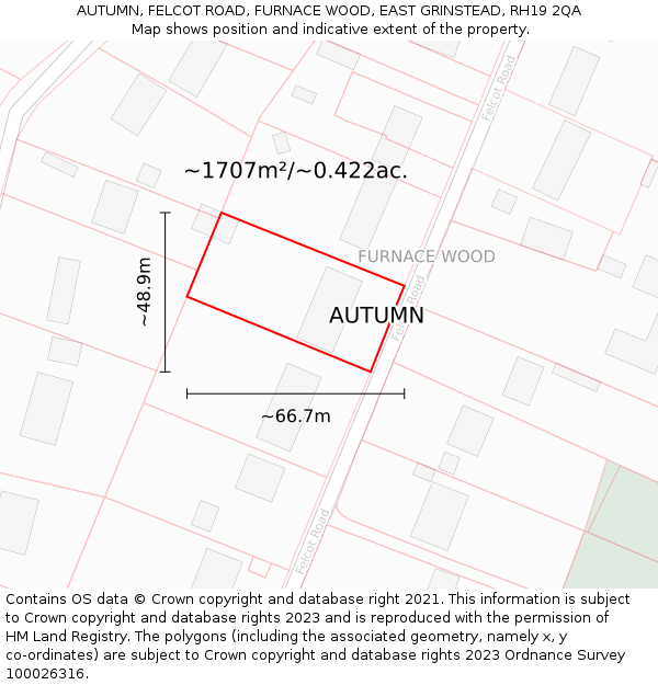 AUTUMN, FELCOT ROAD, FURNACE WOOD, EAST GRINSTEAD, RH19 2QA: Plot and title map