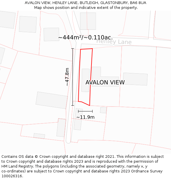 AVALON VIEW, HENLEY LANE, BUTLEIGH, GLASTONBURY, BA6 8UA: Plot and title map