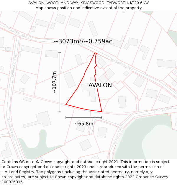 AVALON, WOODLAND WAY, KINGSWOOD, TADWORTH, KT20 6NW: Plot and title map