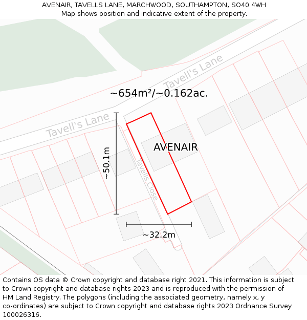 AVENAIR, TAVELLS LANE, MARCHWOOD, SOUTHAMPTON, SO40 4WH: Plot and title map