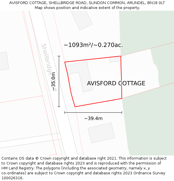 AVISFORD COTTAGE, SHELLBRIDGE ROAD, SLINDON COMMON, ARUNDEL, BN18 0LT: Plot and title map