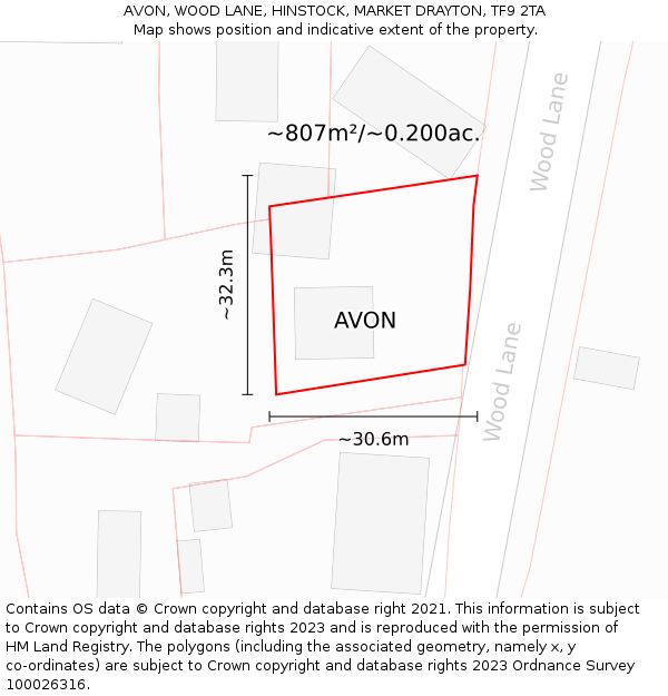 AVON, WOOD LANE, HINSTOCK, MARKET DRAYTON, TF9 2TA: Plot and title map