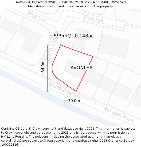 AVONLEA, BLEADON ROAD, BLEADON, WESTON-SUPER-MARE, BS24 0PS: Plot and title map