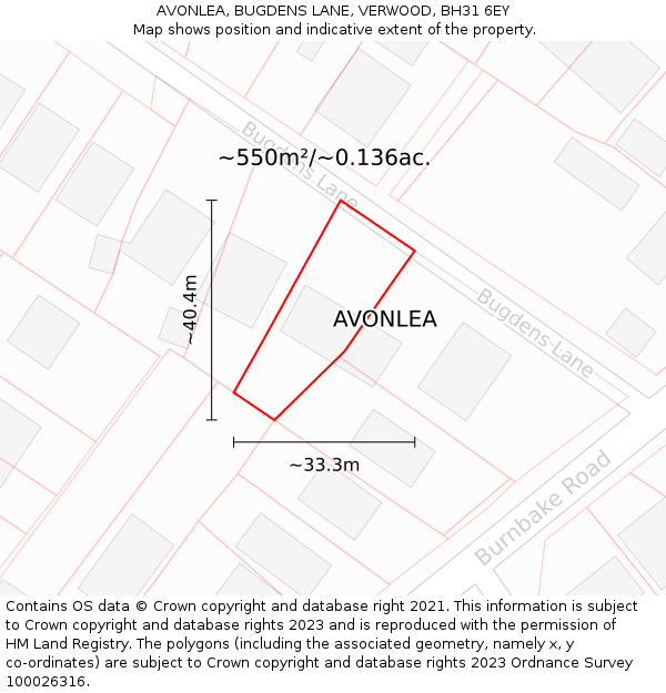 AVONLEA, BUGDENS LANE, VERWOOD, BH31 6EY: Plot and title map