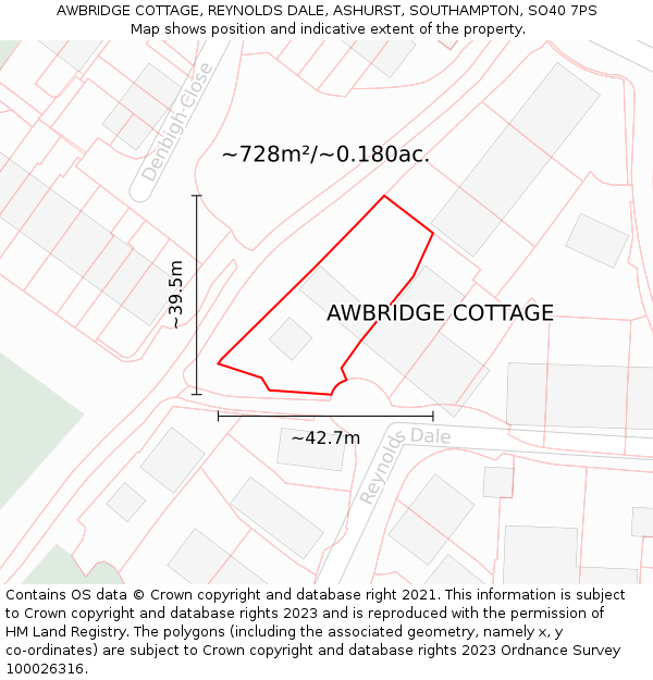 AWBRIDGE COTTAGE, REYNOLDS DALE, ASHURST, SOUTHAMPTON, SO40 7PS: Plot and title map