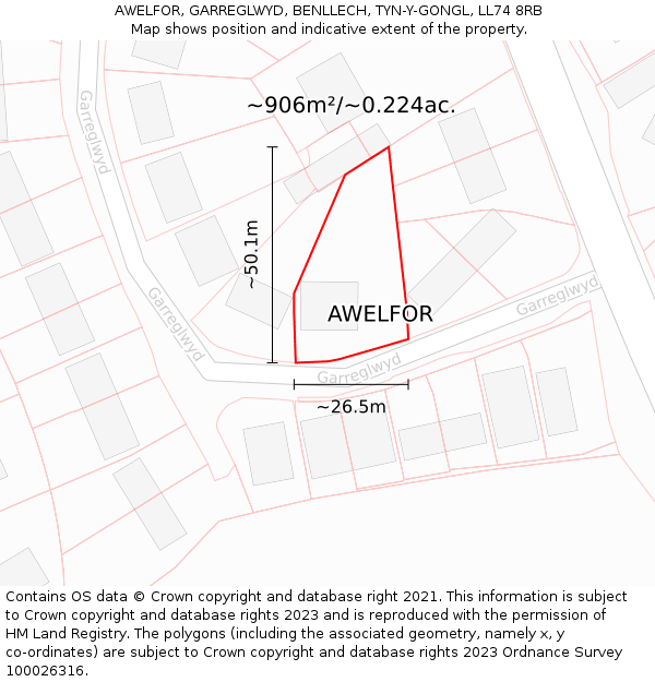 AWELFOR, GARREGLWYD, BENLLECH, TYN-Y-GONGL, LL74 8RB: Plot and title map