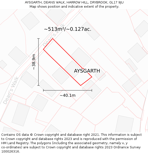 AYSGARTH, DEANS WALK, HARROW HILL, DRYBROOK, GL17 9JU: Plot and title map
