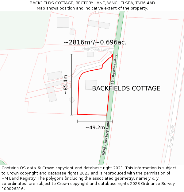 BACKFIELDS COTTAGE, RECTORY LANE, WINCHELSEA, TN36 4AB: Plot and title map