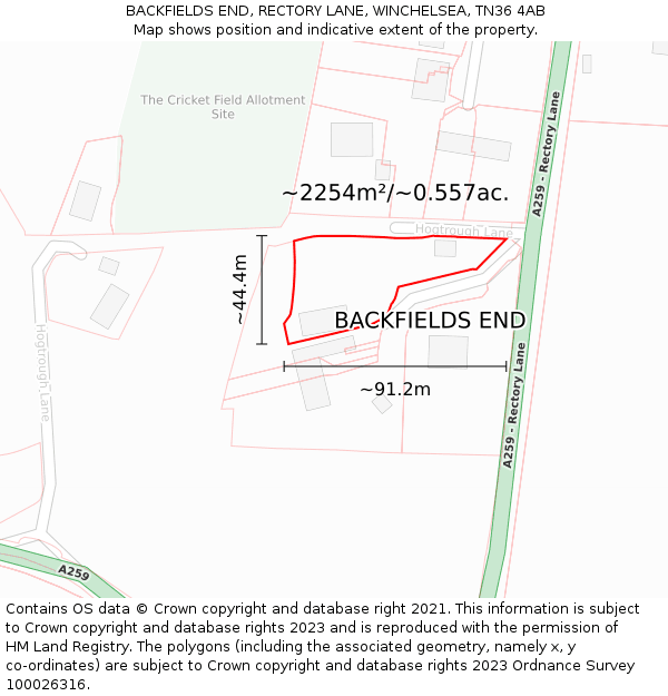 BACKFIELDS END, RECTORY LANE, WINCHELSEA, TN36 4AB: Plot and title map