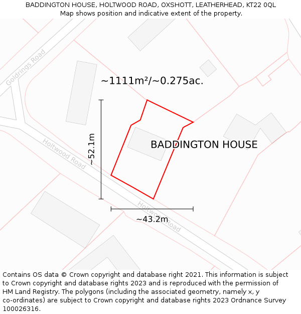 BADDINGTON HOUSE, HOLTWOOD ROAD, OXSHOTT, LEATHERHEAD, KT22 0QL: Plot and title map