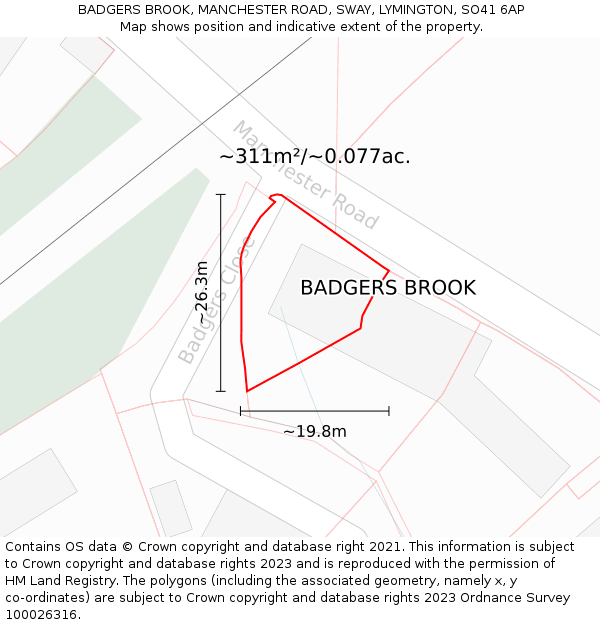 BADGERS BROOK, MANCHESTER ROAD, SWAY, LYMINGTON, SO41 6AP: Plot and title map