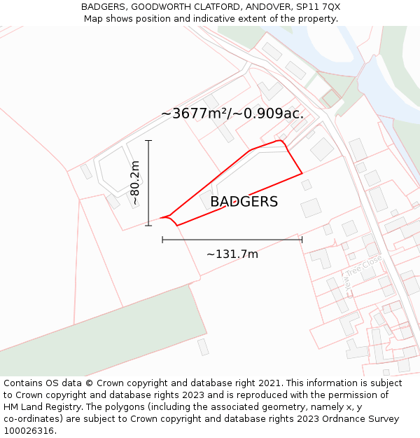 BADGERS, GOODWORTH CLATFORD, ANDOVER, SP11 7QX: Plot and title map