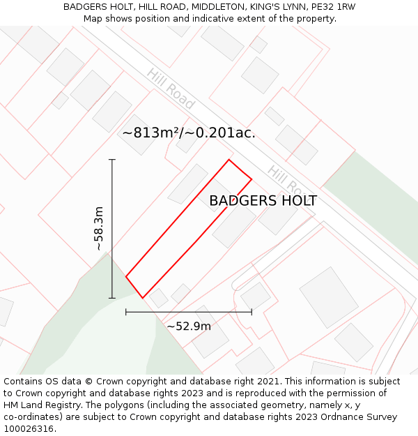 BADGERS HOLT, HILL ROAD, MIDDLETON, KING'S LYNN, PE32 1RW: Plot and title map