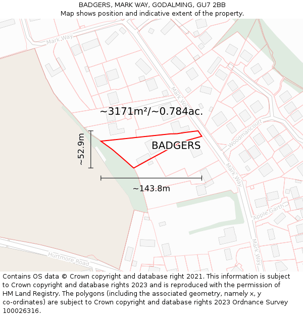 BADGERS, MARK WAY, GODALMING, GU7 2BB: Plot and title map