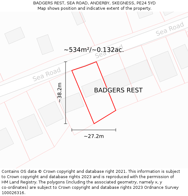 BADGERS REST, SEA ROAD, ANDERBY, SKEGNESS, PE24 5YD: Plot and title map