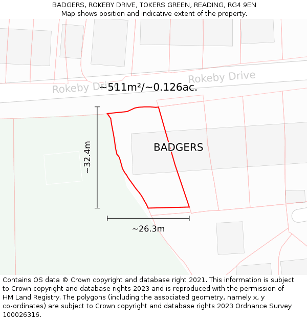 BADGERS, ROKEBY DRIVE, TOKERS GREEN, READING, RG4 9EN: Plot and title map