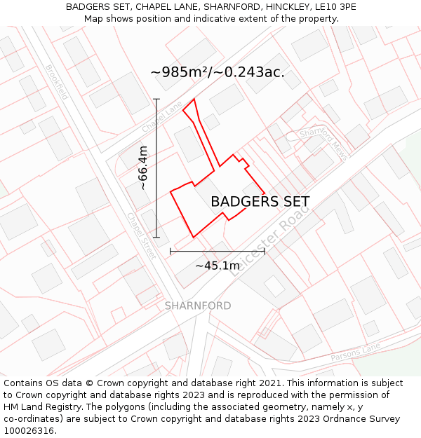 BADGERS SET, CHAPEL LANE, SHARNFORD, HINCKLEY, LE10 3PE: Plot and title map