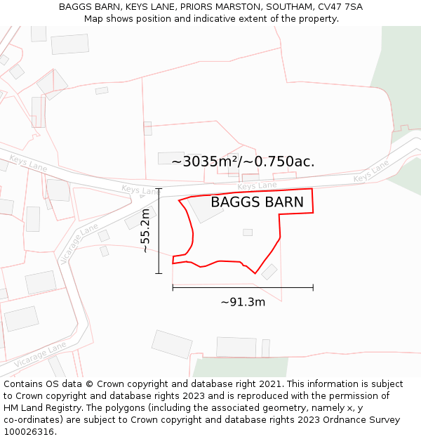 BAGGS BARN, KEYS LANE, PRIORS MARSTON, SOUTHAM, CV47 7SA: Plot and title map