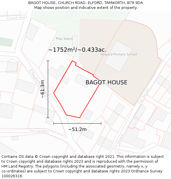 BAGOT HOUSE, CHURCH ROAD, ELFORD, TAMWORTH, B79 9DA: Plot and title map