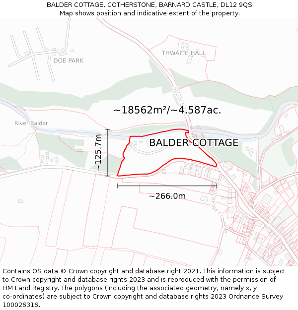 BALDER COTTAGE, COTHERSTONE, BARNARD CASTLE, DL12 9QS: Plot and title map