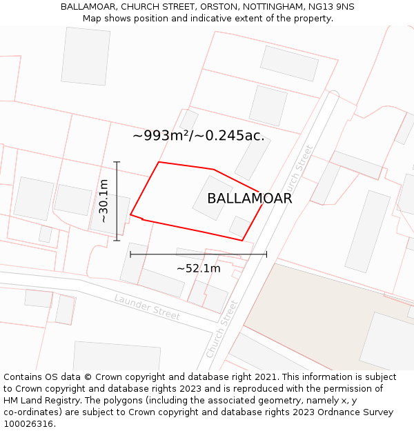 BALLAMOAR, CHURCH STREET, ORSTON, NOTTINGHAM, NG13 9NS: Plot and title map