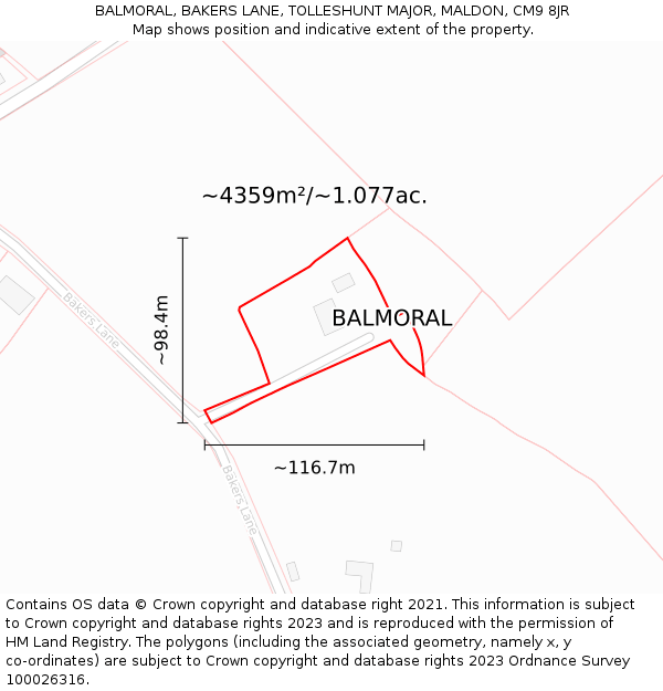 BALMORAL, BAKERS LANE, TOLLESHUNT MAJOR, MALDON, CM9 8JR: Plot and title map