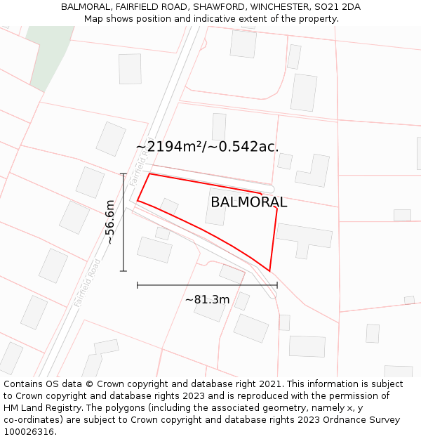 BALMORAL, FAIRFIELD ROAD, SHAWFORD, WINCHESTER, SO21 2DA: Plot and title map