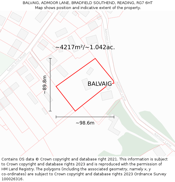 BALVAIG, ADMOOR LANE, BRADFIELD SOUTHEND, READING, RG7 6HT: Plot and title map