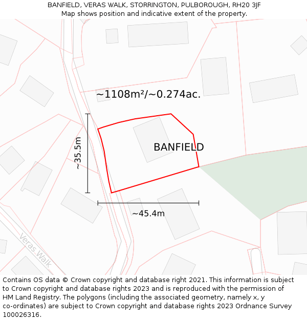 BANFIELD, VERAS WALK, STORRINGTON, PULBOROUGH, RH20 3JF: Plot and title map