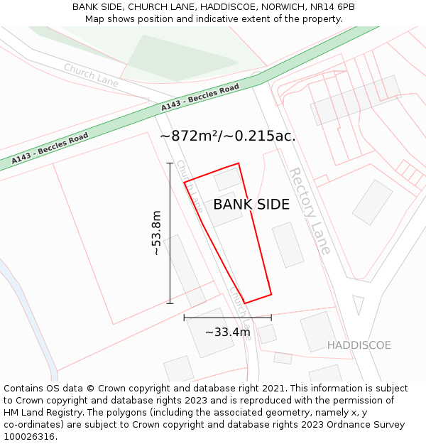 BANK SIDE, CHURCH LANE, HADDISCOE, NORWICH, NR14 6PB: Plot and title map