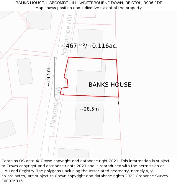 BANKS HOUSE, HARCOMBE HILL, WINTERBOURNE DOWN, BRISTOL, BS36 1DE: Plot and title map