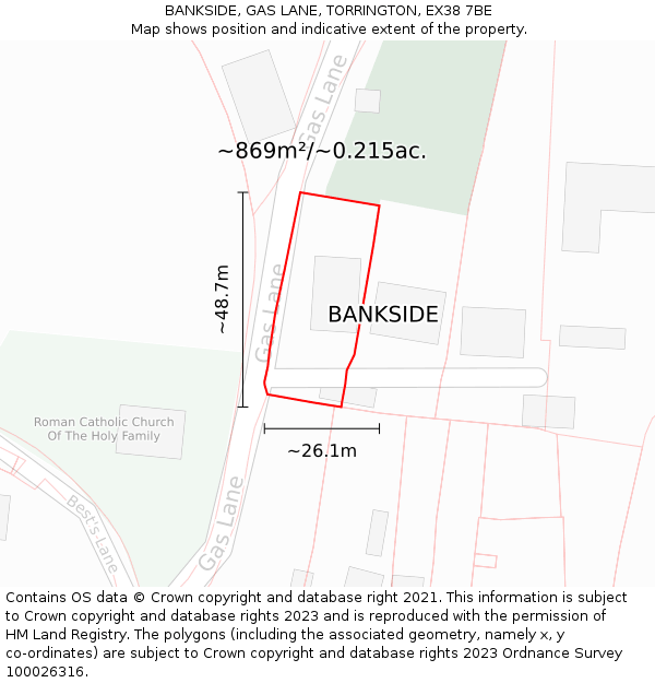 BANKSIDE, GAS LANE, TORRINGTON, EX38 7BE: Plot and title map