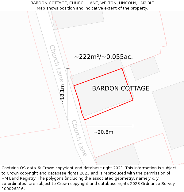 BARDON COTTAGE, CHURCH LANE, WELTON, LINCOLN, LN2 3LT: Plot and title map